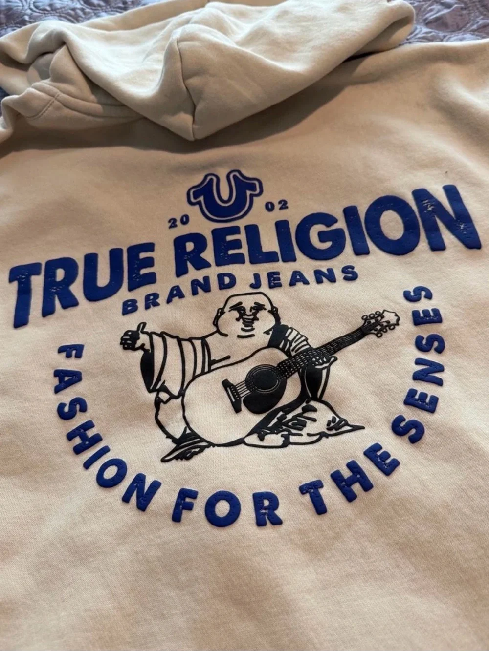 True Religion Men's Cream Hoodie with Navy Logo
